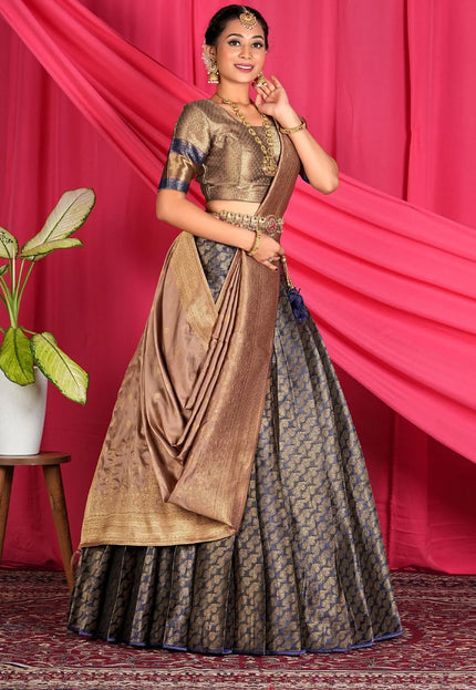 Navy Blue Banarasi Silk Lehenga Choli For Wedding Function