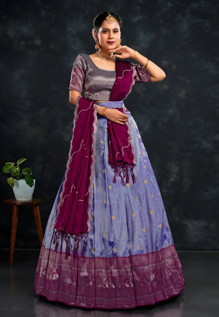 Blue Banarasi Zari Work Designer Half Saree For Women