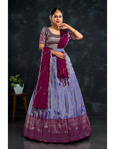 Blue Banarasi Zari Work Designer Half Saree For Women