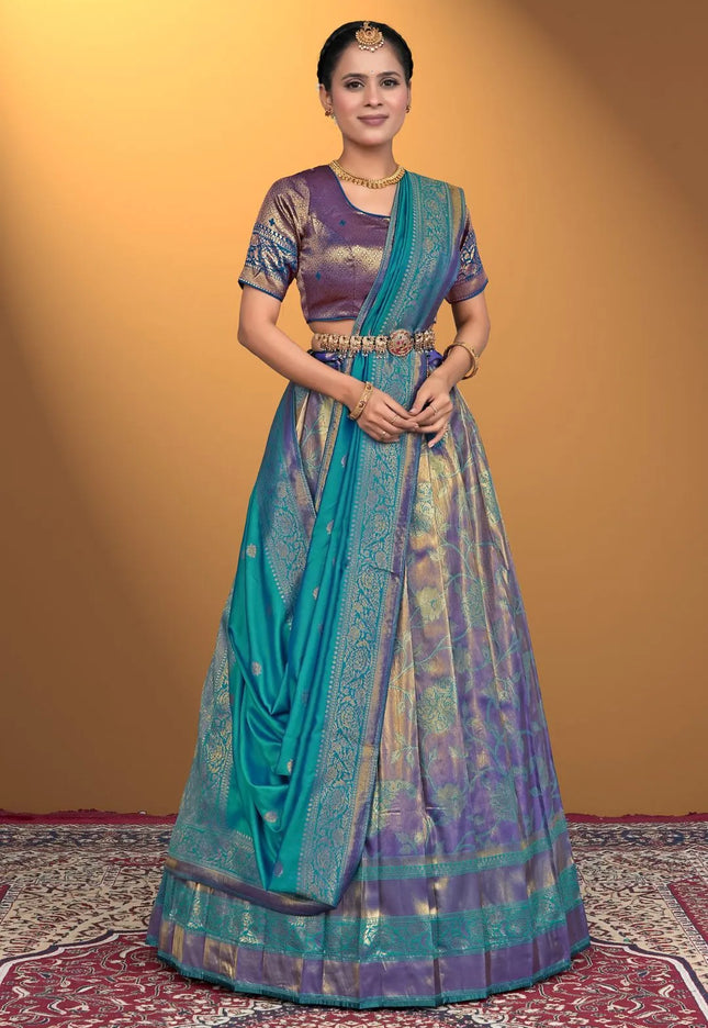 Blue Designer Banarasi Silk Lehenga Choli For Girls