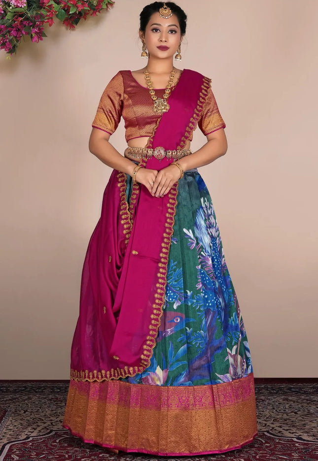 Blue Designer Banglori Slub Lehenga Choli With Digital Print