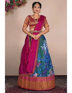 Blue Designer Banglori Slub Lehenga Choli With Digital Print