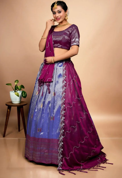 Blue Designer Self Jacquard Pattu Lehenga With Zari Work