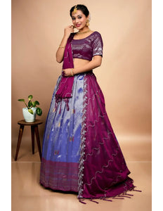Blue Designer Self Jacquard Pattu Lehenga With Zari Work