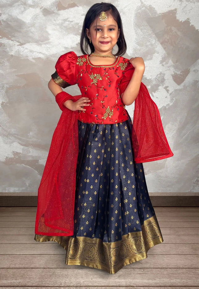 Blue Girls Designer Ghagra Choli Puff Sleeve Blouse with Net Dupatta