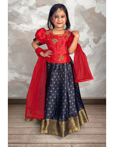 Blue Girls Designer Ghagra Choli Puff Sleeve Blouse with Net Dupatta