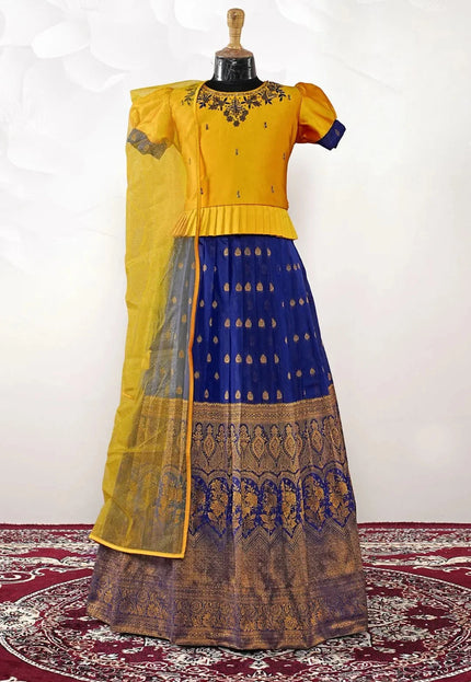 Blue Kids Contrast-Trim Langa Voni Girls Ornate Motif Pattu Pavadai