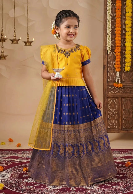Blue Kids Contrast-Trim Langa Voni Girls Ornate Motif Pattu Pavadai