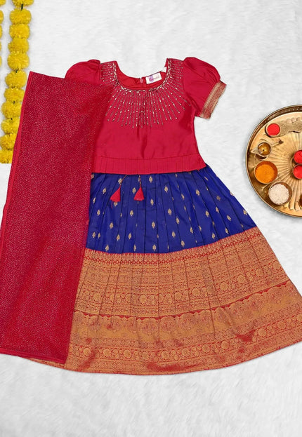 Blue Kids Linear-Embellished Langa Voni Girls Wide-Border Lehenga