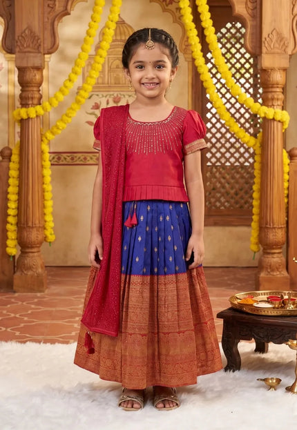 Blue Kids Linear-Embellished Langa Voni Girls Wide-Border Lehenga