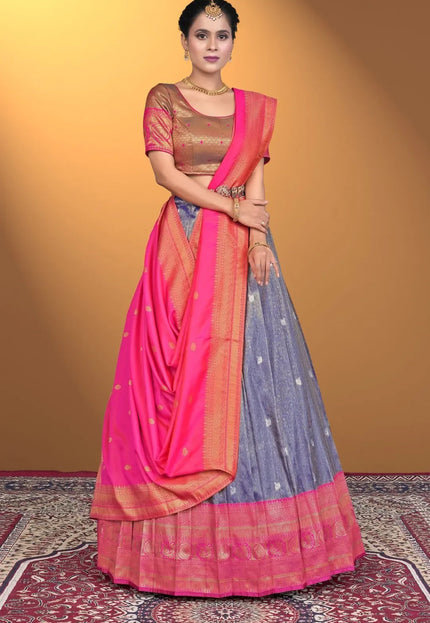Blue Self Jacquard Silk Zari Work Lehenga Choli For Women