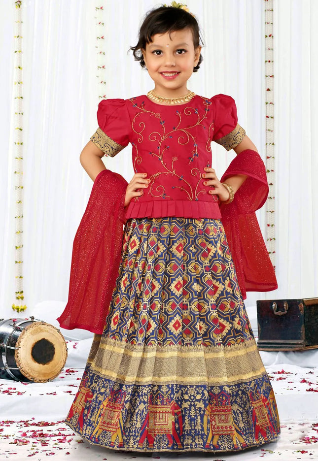 Blue Traditional Patola Style Lehenga Choli Set for Girls Festive Wear