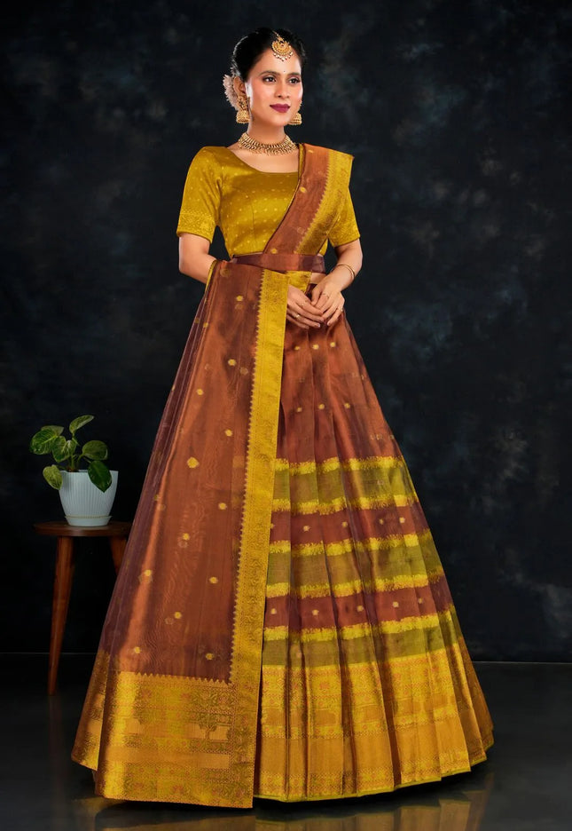 Bronze Tissue Silk Zari Work Half Saree For Women