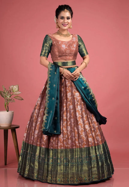 Brown Silk Zari Work Lehenga Choli With Dupatta For Women