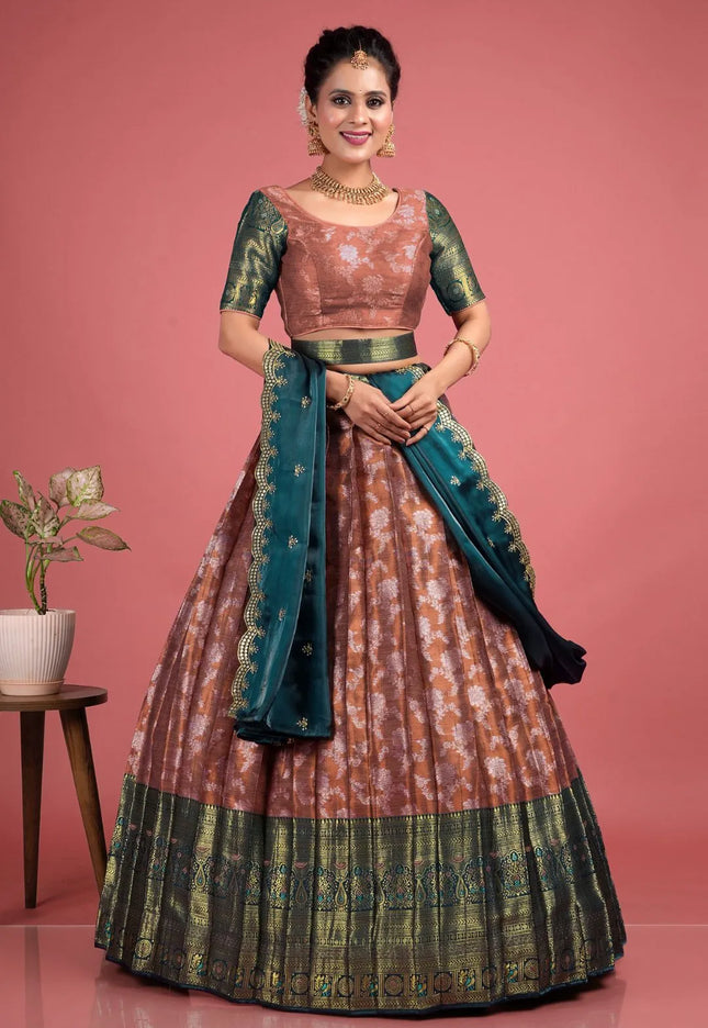Brown Silk Zari Work Lehenga Choli With Dupatta For Women