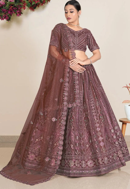 Brown Traditional Embroidered Net Lehenga Choli For Weddings