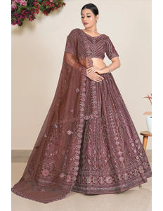 Brown Traditional Embroidered Net Lehenga Choli For Weddings