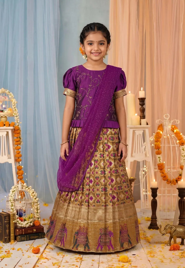 Brown Traditional Patola Style Lehenga Choli Set for Girls Festive Wear