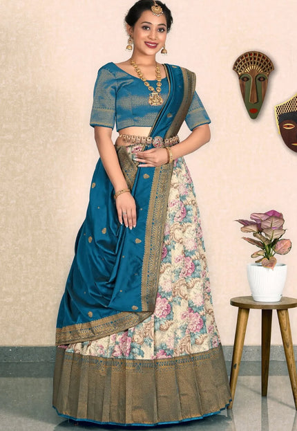 Chiku Banarasi Jacquard Half Saree With Digital Print