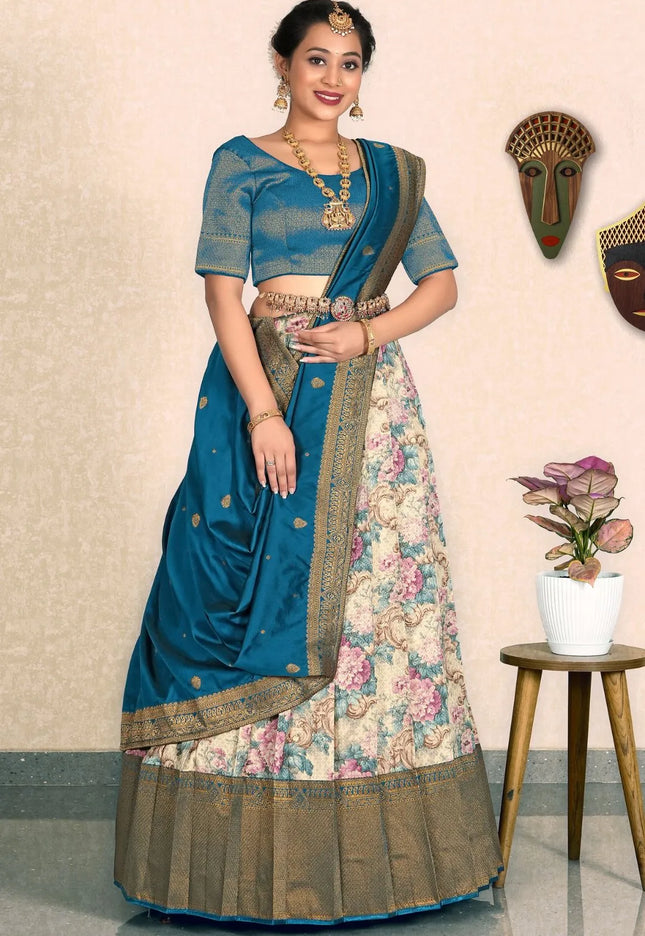 Chiku Banarasi Jacquard Half Saree With Digital Print