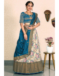 Chiku Banarasi Jacquard Half Saree With Digital Print