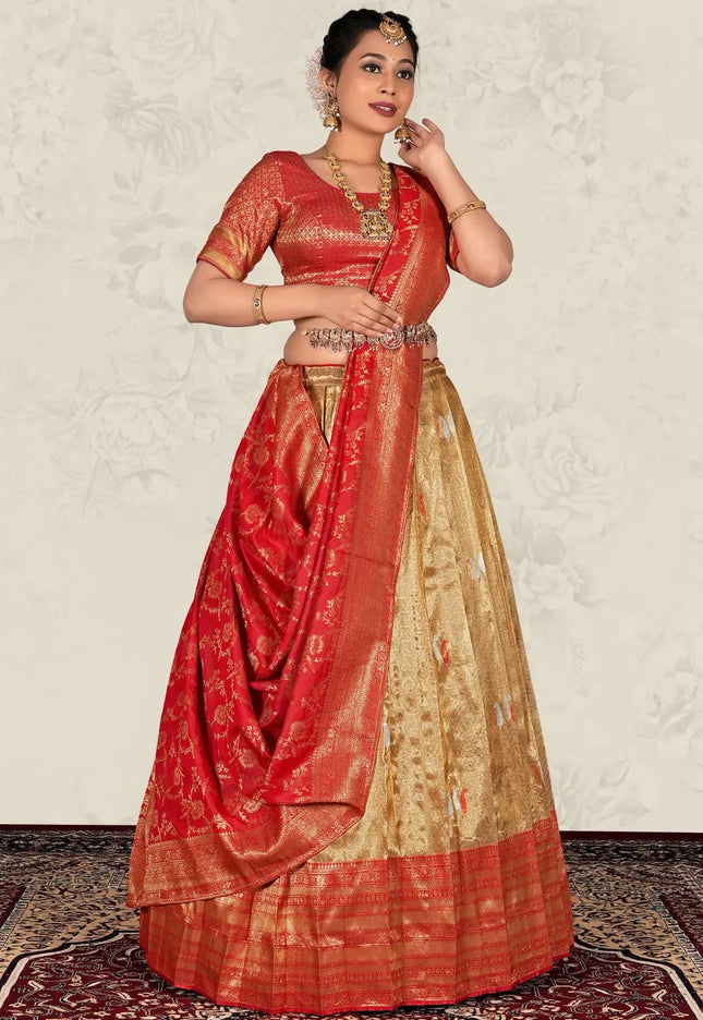 Chiku Banarasi Jacquard Silk Zari Work Lehenga Choli For Women