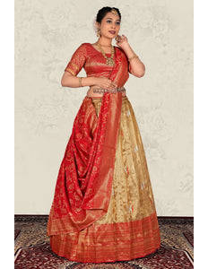Chiku Banarasi Jacquard Silk Zari Work Lehenga Choli For Women