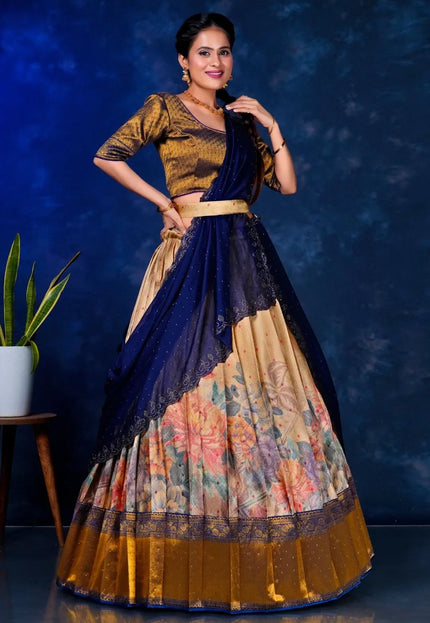 Chiku Banarasi Silk Digital Print Half Saree For Women