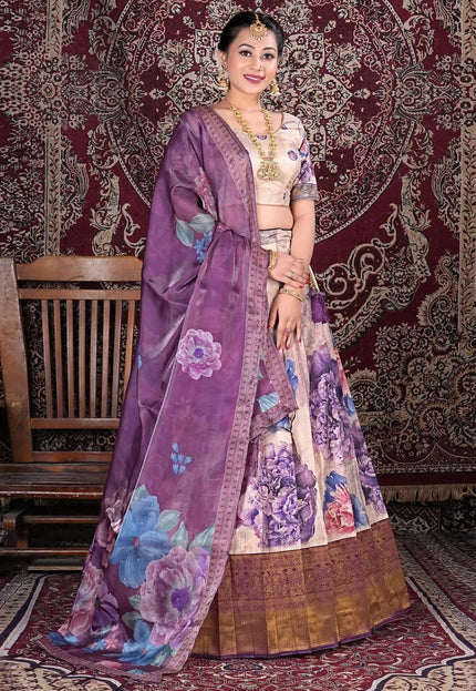 Chiku Banarasi Silk Digital Print Semi-Stitched Lehenga Choli