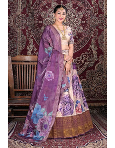 Chiku Banarasi Silk Digital Print Semi-Stitched Lehenga Choli