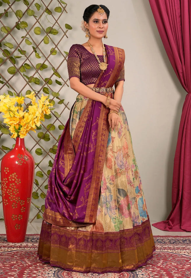 Chiku Banarasi Silk Half Saree with Digital Print For Women