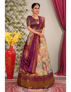 Chiku Banarasi Silk Half Saree with Digital Print For Women