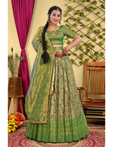 Chiku Banarasi Silk Lehenga Choli With Floral Zari Work