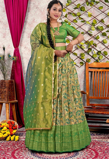 Chiku Banarasi Silk Lehenga Choli With Floral Zari Work