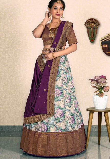Chiku Banarasi Jacquard Half Saree With Digital Print