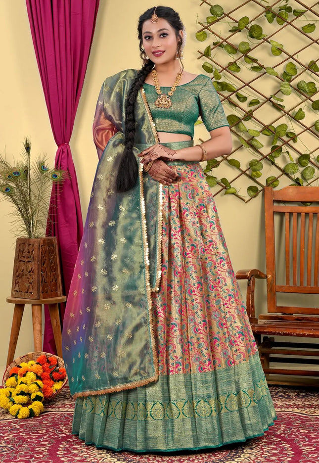 Chiku Banarasi Silk Lehenga Choli With Floral Zari Work