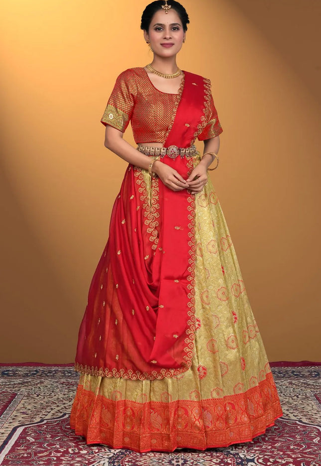 Chiku Self Jacquard Silk Zari Work Lehenga Choli For Women