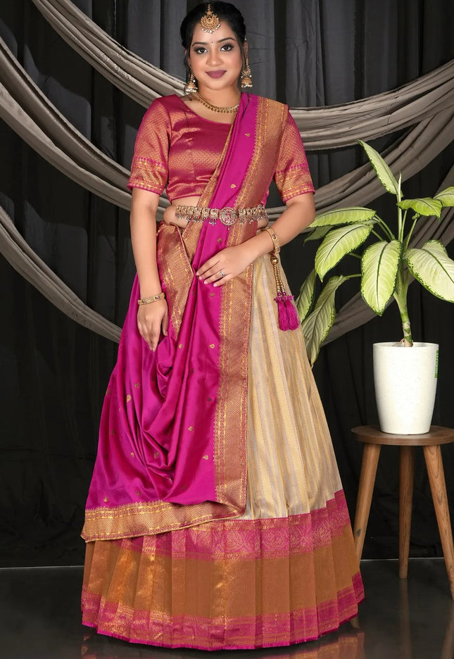 Chiku Self Jacquard Pattu Half Saree With Zari Woven