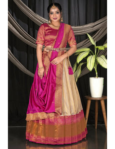Chiku Self Jacquard Pattu Half Saree With Zari Woven