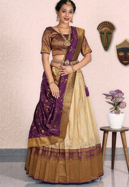 Chiku Self Jacquard Pattu Half Saree With Zari Woven