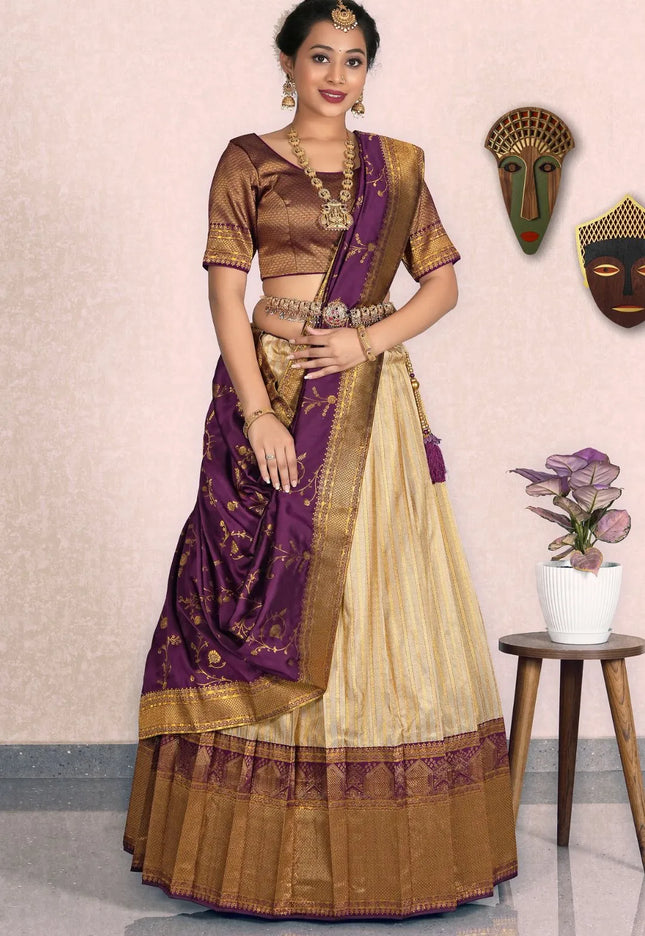 Chiku Self Jacquard Pattu Half Saree With Zari Woven
