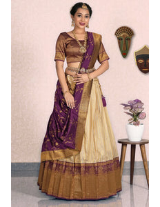 Chiku Self Jacquard Pattu Half Saree With Zari Woven