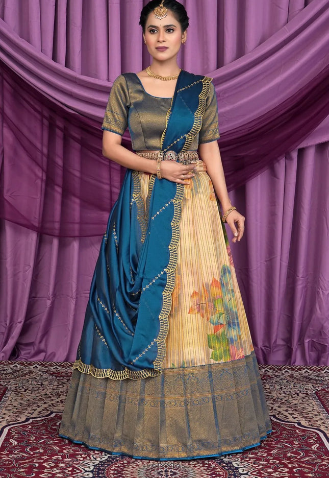 Chiku Self Jacquard With Digital Print Half Saree For Women