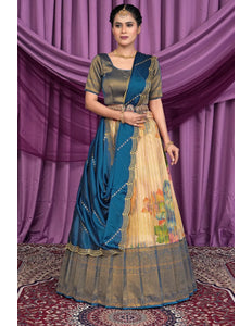 Chiku Self Jacquard With Digital Print Half Saree For Women