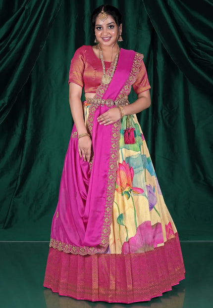 Chiku Viscose Pattu Half Saree With Digital Print