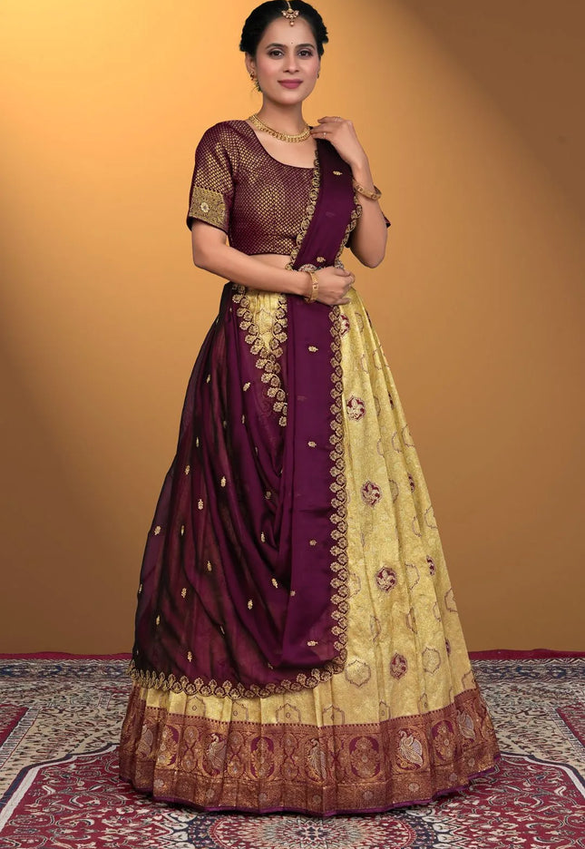 Chiku Self Jacquard Silk Zari Work Lehenga Choli For Women