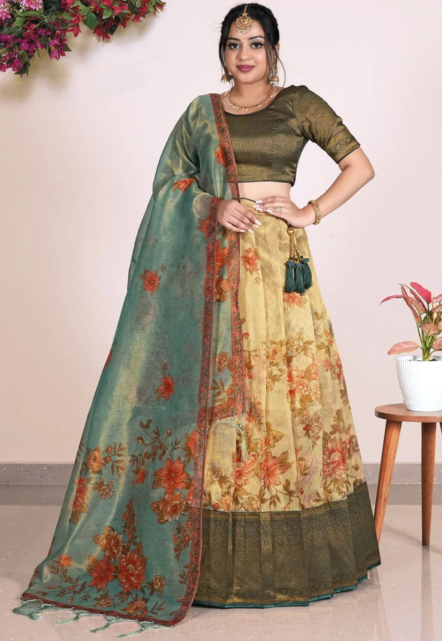 Chiku Zari Tissue Silk Digital Print Lehenga Choli For Women