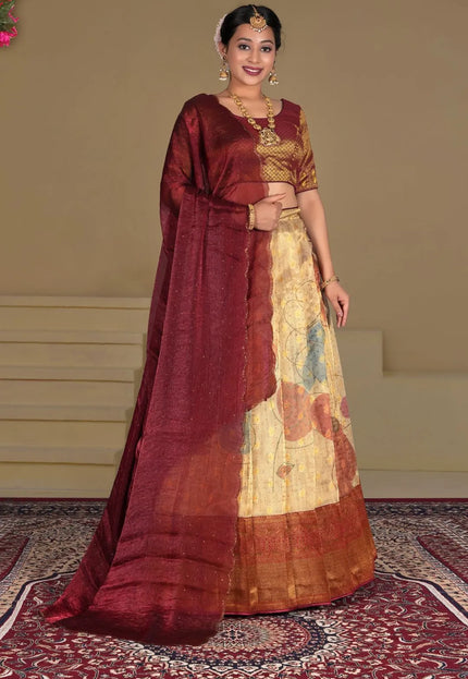 Chiku Zari Tissue Silk Digital Print Lehenga Choli With Dupatta