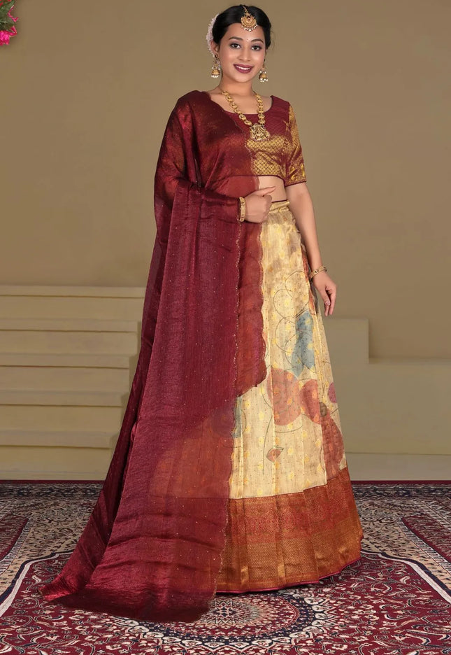 Chiku Zari Tissue Silk Digital Print Lehenga Choli With Dupatta