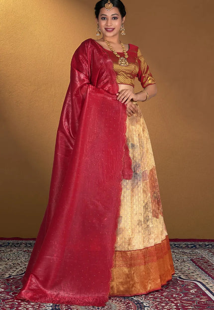 Chiku Zari Tissue Silk Digital Printed Lehenga Choli With Dupatta
